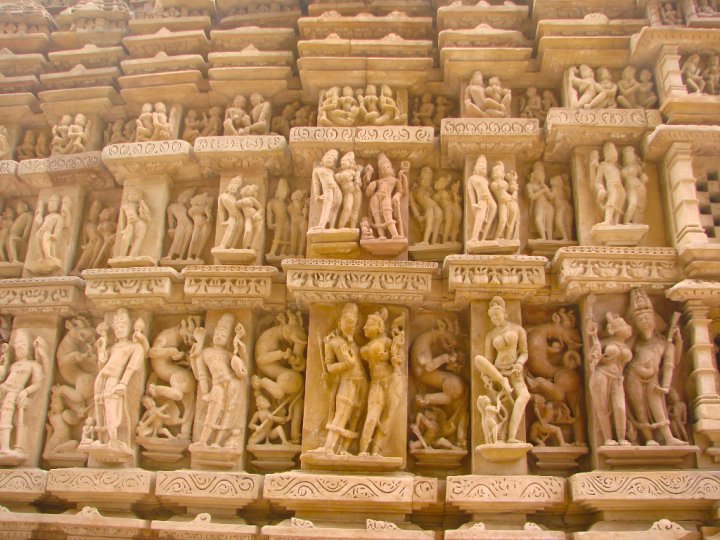 Detailed sculpture work on the facade of Parsvanath Temple Khajuraho