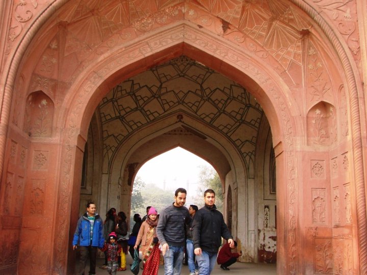 Detailed artwork inside Naubat Khana archway of Red Fort Delhi